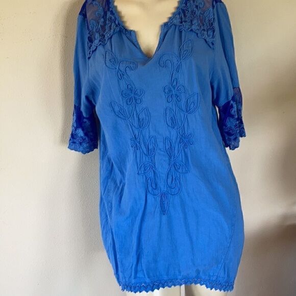 Gretty Zueger Embroidered mesh cotton elbow length sleeve Tunic Ocean Blue Med - Picture 14 of 17